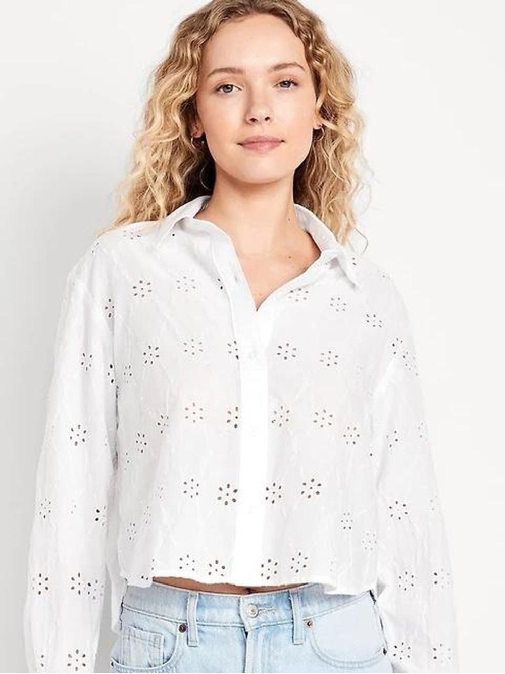 Old Navy Cropped White Eyelet Button-Front Women's Shirt